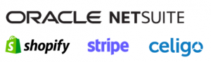 Oracle NetSuite integrations, Shopify, Stripe, Celigo Logos
